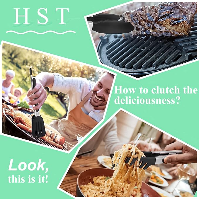 HST Tongs for Cooking with Silicone Tips(3 Pack), Non Stick Kitchen Tongs with Silicone Tip for Cooking BBQ Baking (9", Black)