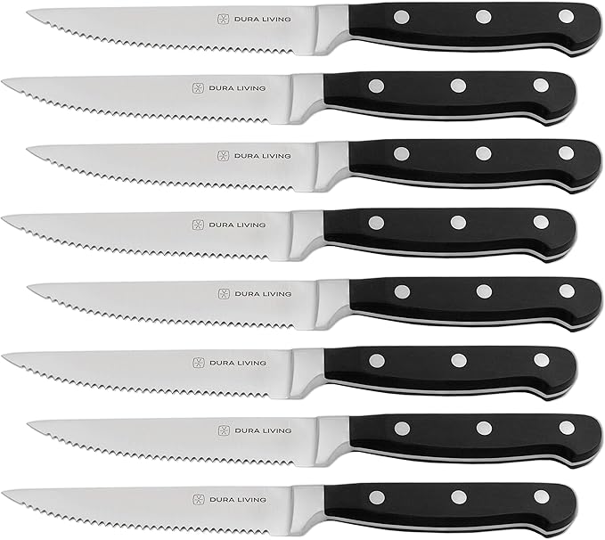 DURA LIVING Premium 8-Piece Steak Knife Set – Sharp Serrated Blades, Forged High Carbon Stainless Steel, Full Tang, Ergonomic Handle, Elegant Black Finish – Ideal for Dining & Entertaining