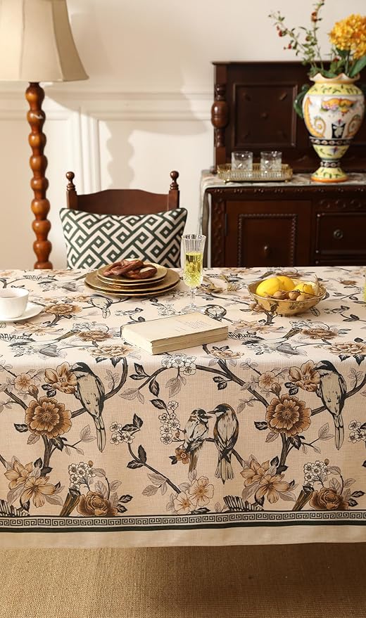 ISAENNE Designer Vintage Linen Square Table Cloth,Floral and Bird Pattern Elegant Tablecloths,Fall Wrinkle Resistant Home Decor Tablecloth for Dining Kitchen Party Christmas,67"*67"-Murad A