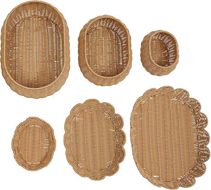 3 Pcs Wicker Storage Baskets with Lid Hand Woven Plastic Wicker Set Round Scalloped Organizer Box Natural Woven Storage Bins for Picnic,Bread,Eggs,Fruits