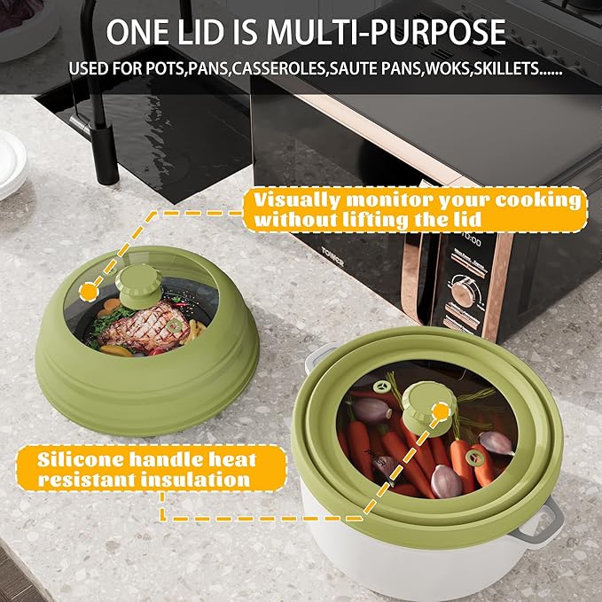 Collapsible Microwave Splatter Cover - Vented Silicone & Glass Lid with Easy-Grip Handle, Fits 6 to 11 Inch Plates & Bowls, 11.8 Inch Diameter, Prevents Splatters & Ensures Even Heating
