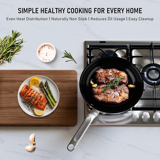 10 Inch Ceramic Non Stick Frying Pans - 5 Ply Stainless Clad Nonstick Skillet, Toxic, PTFE & PFOA FREE, Professional Cookware for Induction, All Stoves and Oven up to 650°F