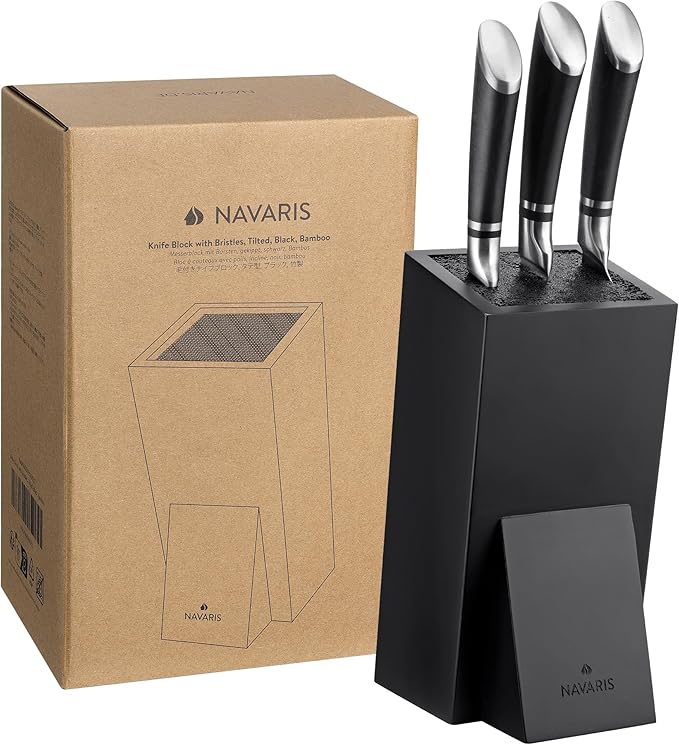 Navaris Knife Block, Black - Universal Knife Storage Solution - Bamboo Kitchen Knives Holder with Bristles - Tilted Storage for Easy Access - Removable Insert for Easy Cleaning