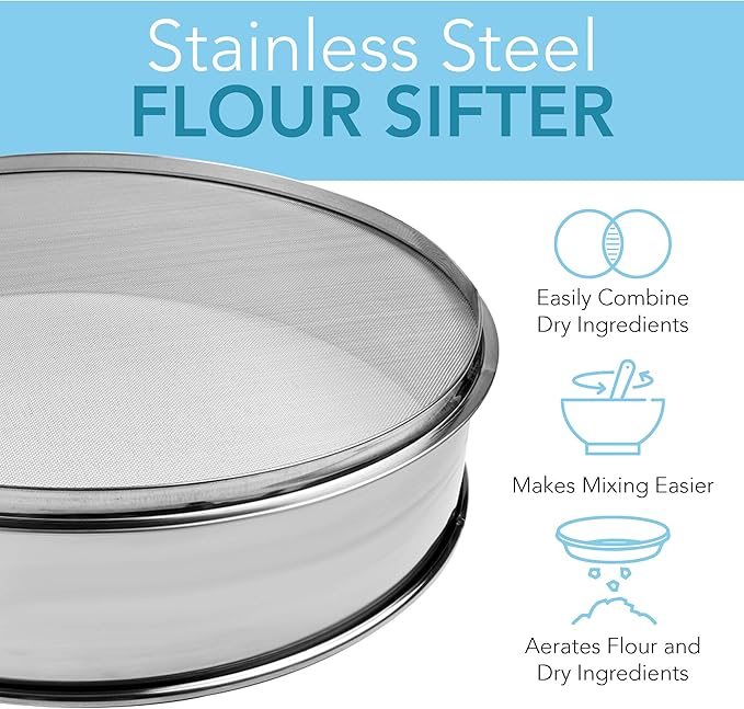 Stainless Steel Flour Sifter Fine Mesh Round Flour Sieve for Baking 16.5" Diameter x 2.88" High; 20 Mesh (Hole Size 0.85mm)