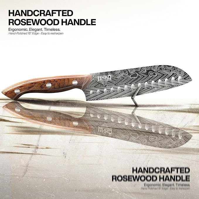Jikko® Bushido Edition – Japanese Santoku Knife 7" | AUS-8 High-Carbon Stainless Steel with Hollow Edge & Rosewood Handle – Razor Sharp 15° Blade, 3× Edge Retention, Premium Chef’s Knife