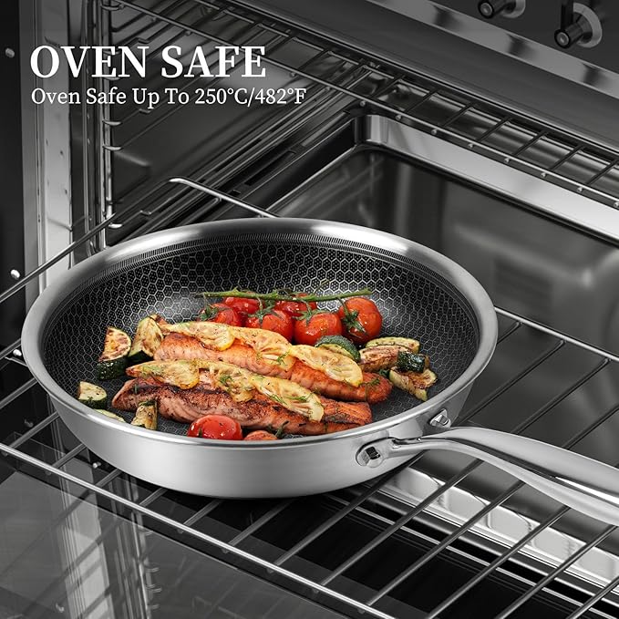 Innerwell Tri-Ply Stainless Steel Frying Pan Set with Lid,8 Inch,9.5 Inch and 11 Inch Nonstick Honeycomb Stainless Steel Cooking Skillet Set of 3 for Induction Gas Stovetops