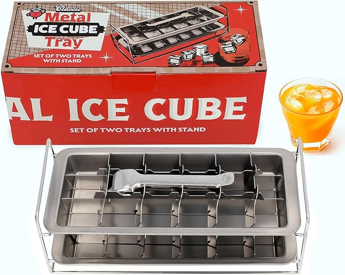 Stainless Steel Double Ice Cube Trays with lever and Stand (11", 36 cubes), Classic Metal Ice Cube Trays for Freezer, Non Toxic, Plastic Free, Dishwasher safe