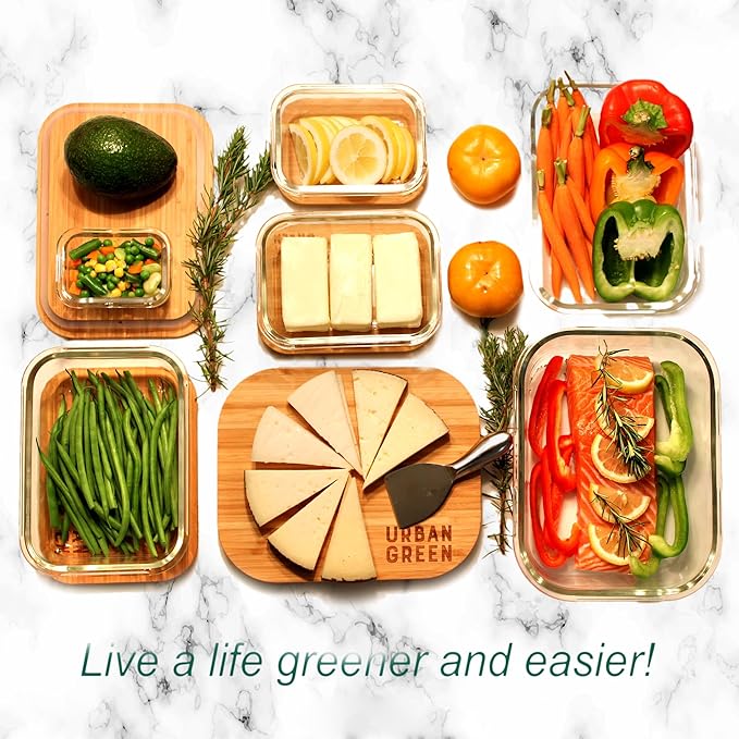 Urban Green Glass Containers with Bamboo Lids, Aitight Storage Container Set of 4, Meal Prep Food Container Set, Oven, Freezer, Microwave Safe, 35oz