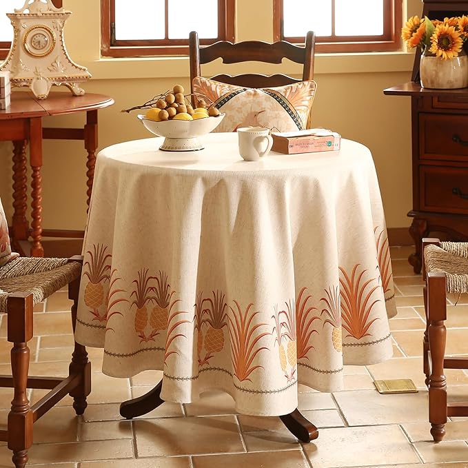 patdrea Designer Tablecloth for Round Table,Pineapple Pattern Linen Tablecloths,Fall Decoration Table Cover for Kitchen Dining Christmas,Tea Party,Thanksgiving,Diameter 67"-Pineapple B