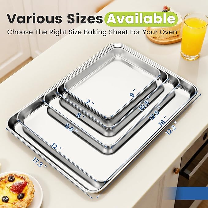 6 Pack Stainless Steel Baking Sheet Pans, 10.5" L × 8" W × 1" H Cookie Sheets for Toaster Oven, Rust-Resistant, Dishwasher Safe