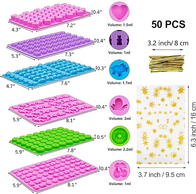 KRLIFCSL Gummy Molds 6 Pcs Set 299 Candies, 16 Shapes with 4 Droppers, 1 Clean Brush & 50 Package Bags, Including Dinosaur, Hearts, Sea Animals Nonstick Chocolate Molds (Mini Multicolor)