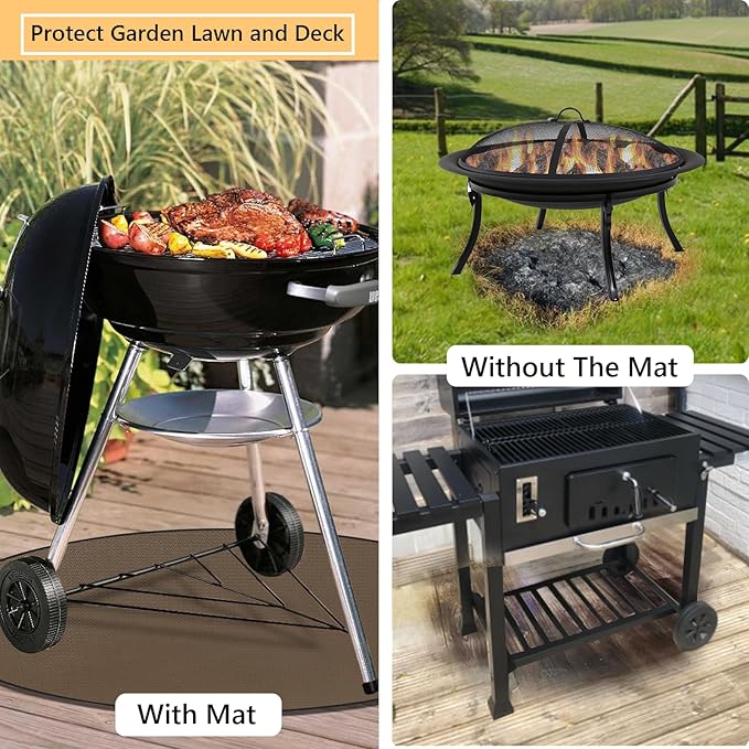 Round Under Grill Mat for Outdoor Grill, 48 Inch Anti-Slip BBQ Floor Mats, Easy to Clean Reusable Fireproof Grill Pad, Oil-Proof Waterproof Protector for Deck Fireplace Pit Mat Brown