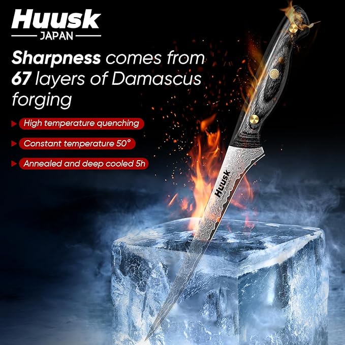 Huusk Damascus Fish Fillet Knife - 7 inch Flexible boning knife with VG10 Core, Kitchen Slicing Knife with Full Tang Handle, Birthday Dad Mom Gift