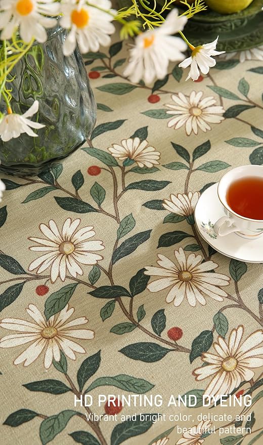 ISAENNE Designer Green Linen Small Rectangular Tablecloth,Floral French Country Indoor Table Cloth,Stain Resistant Home Decor Tablecloths for Dining Kitchen Thanksgiving Party,55"*71"-Brune