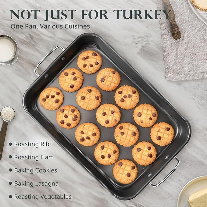 KITESSENSU Nonstick Roasting Pan with Rack 15 x 11 inch - Turkey Roaster Pan for Ovens - Wider Handles & Heavy Duty Construction, Gray