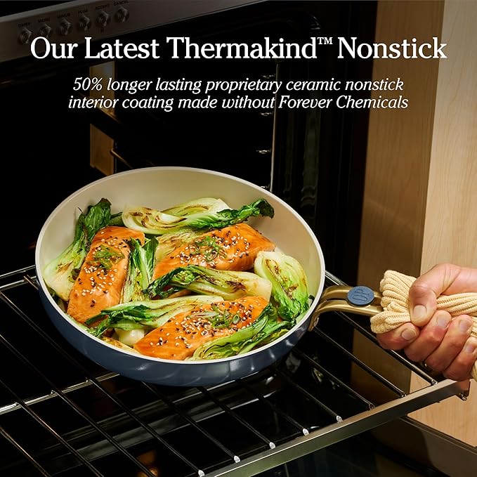Our Place 8-Piece Essentials Complete Cookware Set - Ceramic Fry Pan Trio & Modular Rack Storage | Nontoxic Thermakind™ Nonstick, Oven Safe up to 450°F & Compatible with All Cooktops | Cream