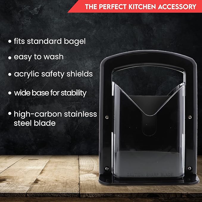 Slyce - Bagel Slicer, Bagel Cutter with Safety Shield and Safe Grip, Bagel Holder for Cutting Large and Small Bagels, Stainless Steel Blade (Black)