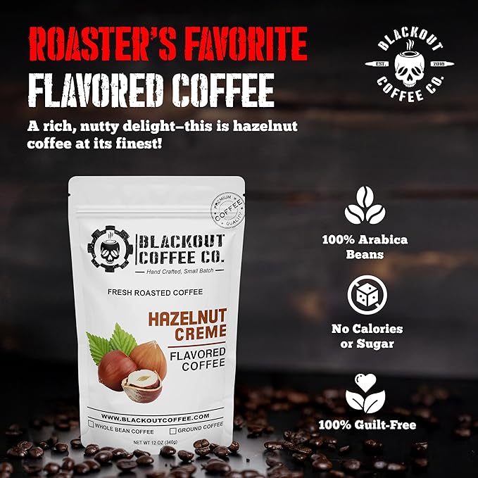 Blackout Coffee Hazelnut Creme Flavored Ground Coffee – Medium Roast, Smooth Taste, Guilt-Free Indulgence – Freshly Roasted 12oz Bag, American Made