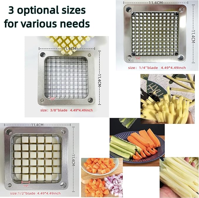 Upgrade Stainless Steel Vegetable Cutter: Ideal for potatoes, tomatoes, peppers, mushrooms.3 Replacement Blades (1/4", 3/8", 1/2") for various widths. Doubles cutting efficiency.