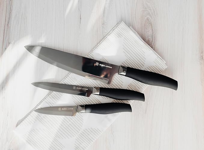 DURA LIVING Paring Knife - 3.5 Inch Black Nonstick Titanium Plated Stainless Steel Ultra Sharp Blade, With Ergonomic Comfort Grip Handle Kitchen Knife, With Matching Sheath