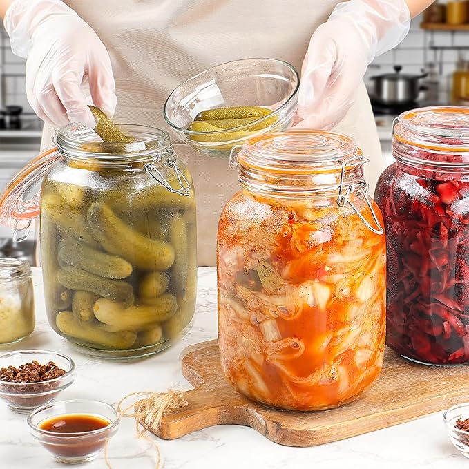 50 oz Glass Jars with Airtight Lids, Wide Mouth Mason Jars with Clip Top Lids for Kitchen - Square Glass Jars with Chalkboard Labels and Replacement Silicone Gaskets, Set of 4