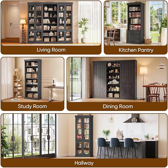 70.8" Tall Black Bookshelf, Farmhouse Modular Bookcase with 6-Tier Adjustable Shelves, Large Storage Cabinet for Home Office, Living Room, Set of 4