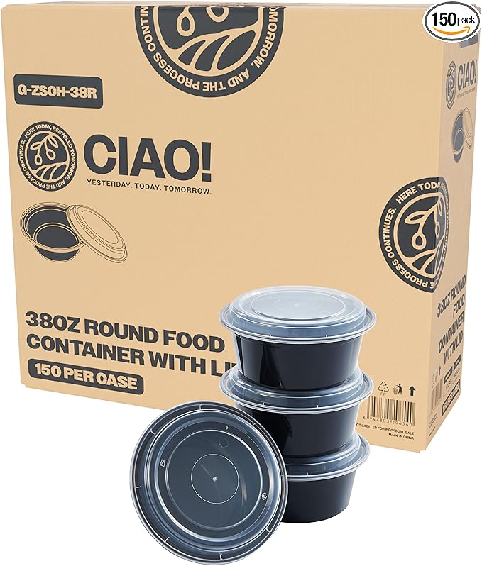 CIAO! Heavy Weight 38oz Injection Molded Microwavable Black Round Food Container with Lid (150/case)