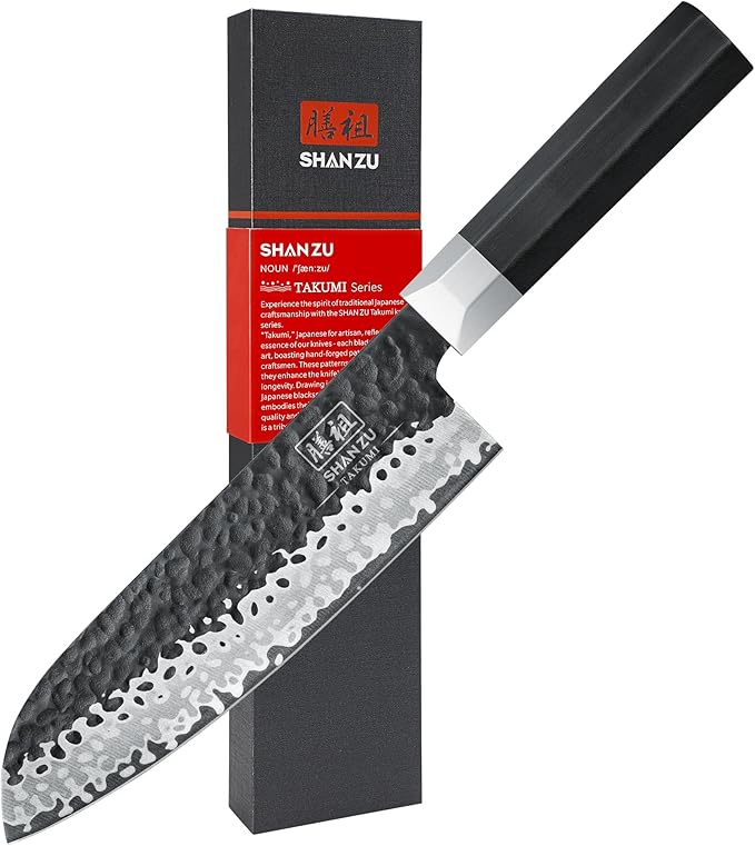 SHAN ZU Japanese Chef Knife 7 Inch, High Carbon Steel 10Cr15Mov Professional Kitchen Knife, Meat Cutting Santoku Knife, Sharp Cooking Knife with G10 Handle Dishwasher Safe, Gifts for Women & Men