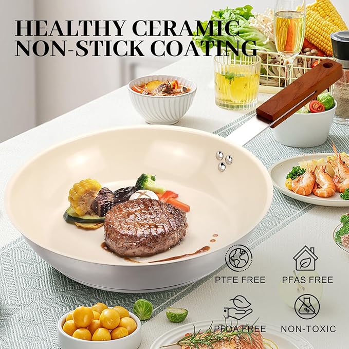 MARSKITOP 10 Inch Frying Pan Nonstick, Stainless Steel Skillet with Ceramic Coating, PFAS Free, Fry Pan with Ergonomic Wooden Handle, Suitable for All Stove