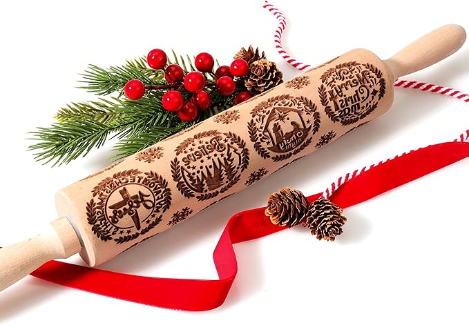 17" Premium Wooden Rolling Pins for Baking with Nativity Embossed Designs | 3mm Deep Springerle Cookie Molds | Christmas Rolling Pin & Baking Gifts for Women | Includes 3-in-1 Cleaning Brush