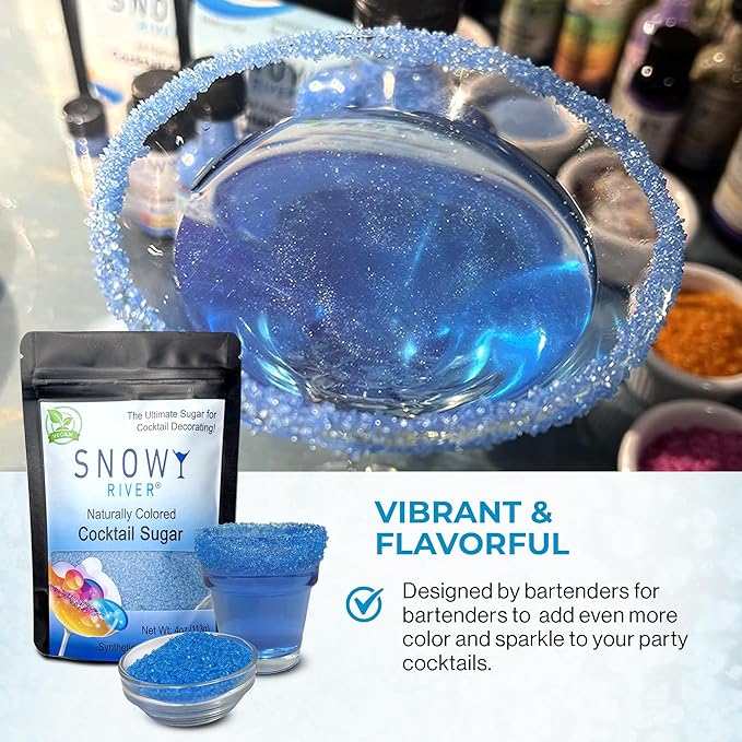 Snowy River Sky Blue, Cocktail & Margarita Sugar Rimmer - Vibrant Color Glass Rimming Sugar with Medium Crystal Texture - 4oz