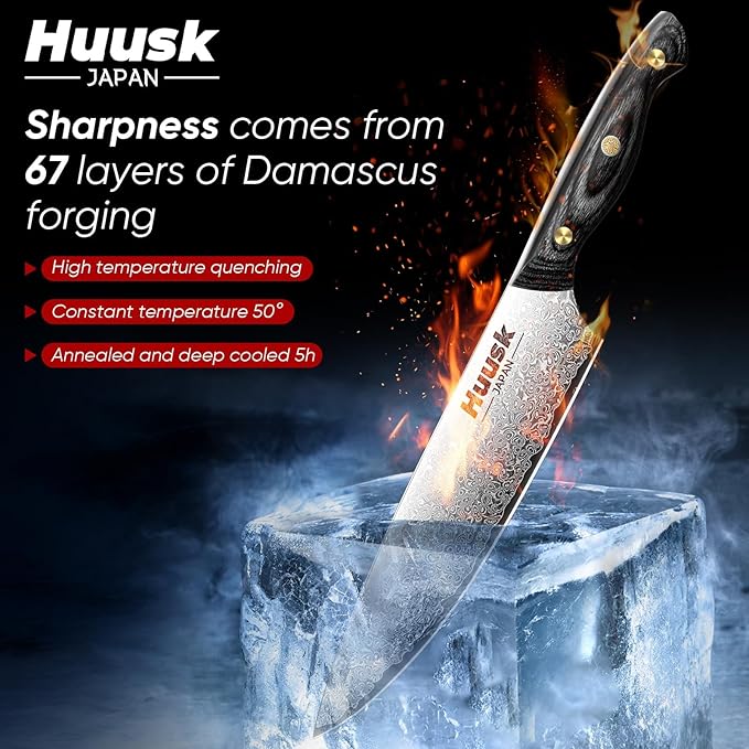 Huusk Damascus Chef Knife Set - 3 PCS VG10 Santoku & Utility Knives with Ebony Handles, Paring Knife for Meat, Fruit, Vegetables - Dad Mom Gift