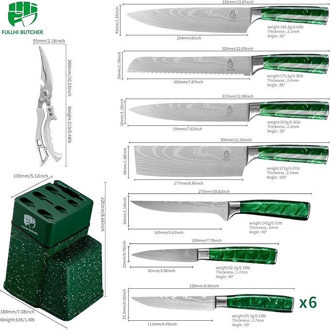 FULLHI 14pcs Block Knife Set, Chef's Knife Steak Knives Set with Block and Sharpener, Kitchen Knife Set, Multi-colour Handle, Gifts for Men Women