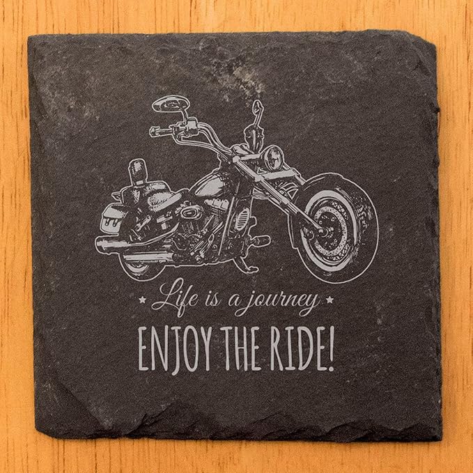 Coast in Style: Rustic Slate Coasters with Motorcycle Design - Square Slate - Set of 8