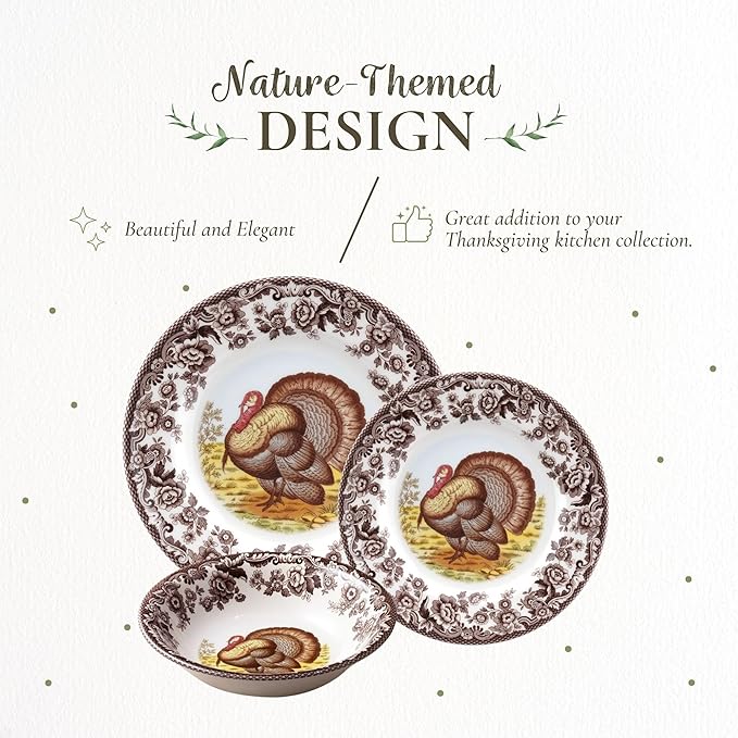 Spode Woodland 3-Piece Thanksgiving Dinnerware Set - Porcelain Plates & Bowl, Fall Dinnerware Collection - Microwave & Dishwasher Safe - Elegant Autumn Tableware