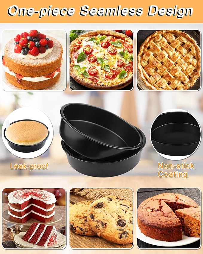 8 Inch Round Cake Pan Set of 3, Non-stick Carbon Steel Baking Pans with 100 Pcs Pre-Cut Parchment Paper, Durable Layer Cake Pans for Birthday/Christmas, Dishwasher Safe