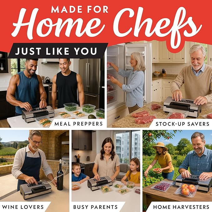 Gourmia Vacuum Sealer – Food Preservation System with Marinate Mode, Pulse Control, LED Display, Built-In Cutter, Gentle & Normal Vacuum Options, Stainless Steel