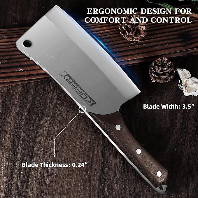 KOFERY 7 Inch Professional Meat Cleaver - Heavy Duty Bone Chopper, Butcher Knife for Meat and Bone Cutting, High Carbon Steel Chinese Cleaver with Wooden Handle
