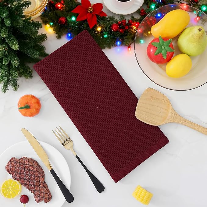 Homaxy 100% Cotton Waffle Weave Kitchen Dish Towels, Ultra Soft Absorbent Quick Drying Cleaning Towel, 13 x 28 Inches, 4-Pack, Burgundy