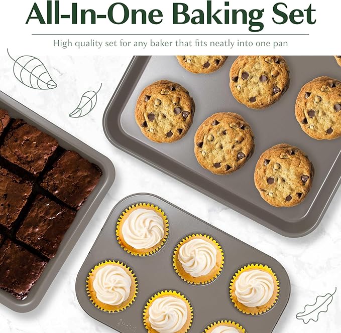 Goodful All-In-One Nonstick Bakeware Set, Stackable and Space Saving Design includes Round and Square Pans, Muffin Pans, Cookie Sheet and Roaster, Dishwasher Safe, 8-Piece, Blue Mist