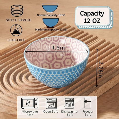 12 Oz Dessert Bowls Set of 6, 4.8 Inch Small Porcelain Ice Cream Bowls Set, Colorful Ceramic Cereal Bowls for Side Dishes, Dip, Snack, Rice, Soup, Portion, Fruits, Microwave and Dishwasher Safe