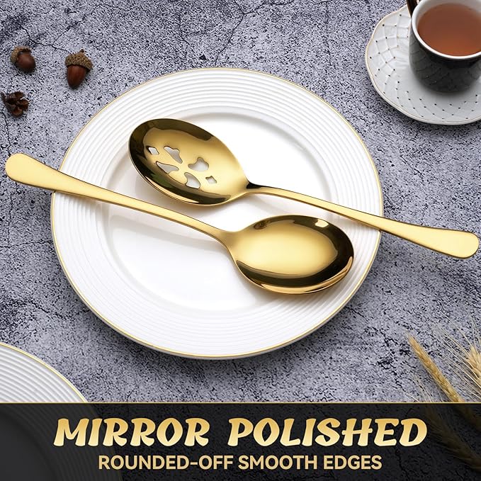 8 Piece Stainless Steel Serving Spoon Set - 4 Large, 4 Slotted,Dishwasher Safe,10-Inch,Gold, for Parties/Kitchen/Buffet/Catering
