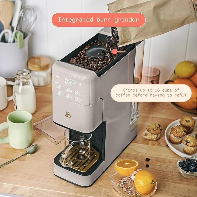 Beautiful Perfect Grind Programmable Single Serve Coffee Maker with Touch Display and Integrated Burr Grinder, Auto Coffee Strength Selection, 64oz Water Reservoir (Porcini Taupe)