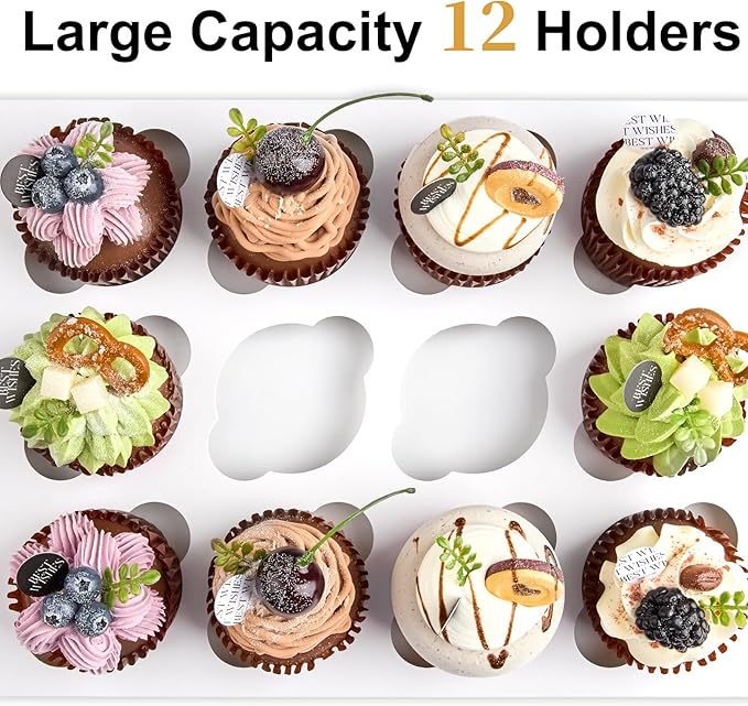 Kucoele 12 Count Cupcake Boxes, 12 Pack White Cupcake Containers with Windows and Inserts, Disposable Cupcake Carriers for Muffins, Treats, Pastries, 13 x 10 x 4 Inches