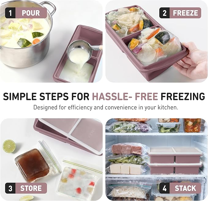Silicone Freezer Tray with Lid Soup Freezer Container Molds with Steel Reinforced Rim Large Ice Cube Tray Makes 4 Perfect 2 Cup Portions Cubes Storage Food Meal Prep Containers Cookware 2 Pack