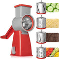 4-in-1 Rotary Cheese Grater Handheld, Lightweight Body with 4 Stainless Steel Blades & Non-Slip Suction Base, for Shredding Parmesan, Slicing Vegetables, Grating Chocolate（Red）