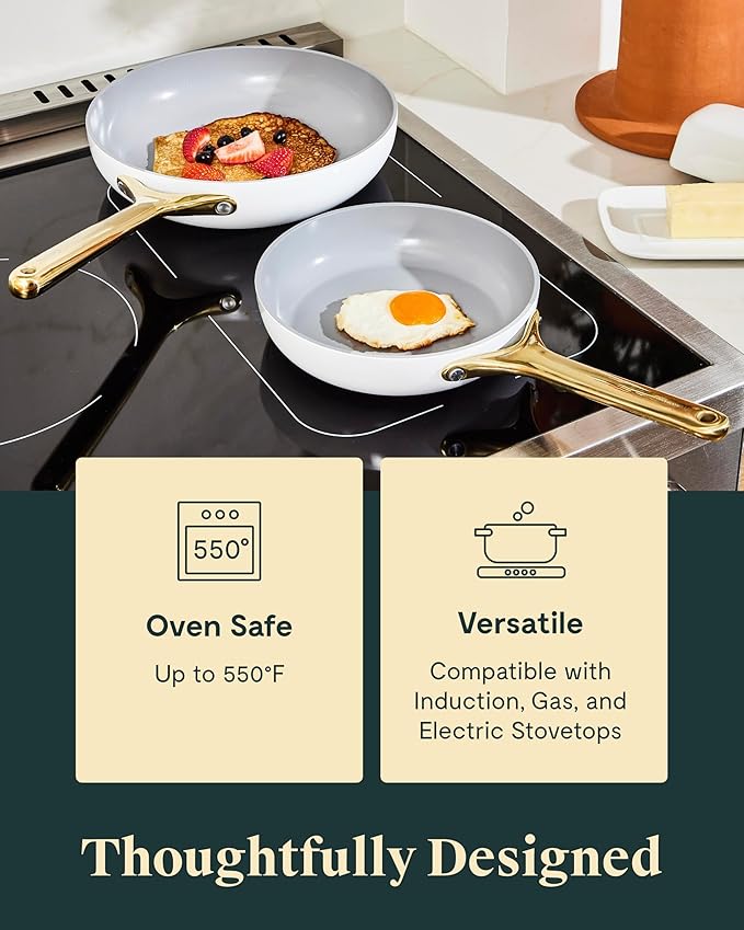 Caraway Ceramic Nonstick Fry Pan Set with Glass Lids – Includes Two 10.5” Fry Pans, One 8” Fry Pan, & Three Lids - Non Toxic, PTFE & PFOA Free - Oven Safe & Compatible with All Stovetops - Marigold