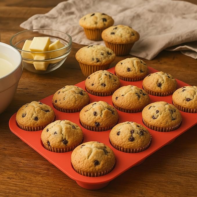 Bangp 12-Cup Silicone Muffin Pan with Metal Reinforced Frame,2 Pack Regular Size Cupcake Pan,Premium Non-Stick Bend Resistance Silicone Molds for Making Muffin,Cakes,Tart,Egg Bites (Red)