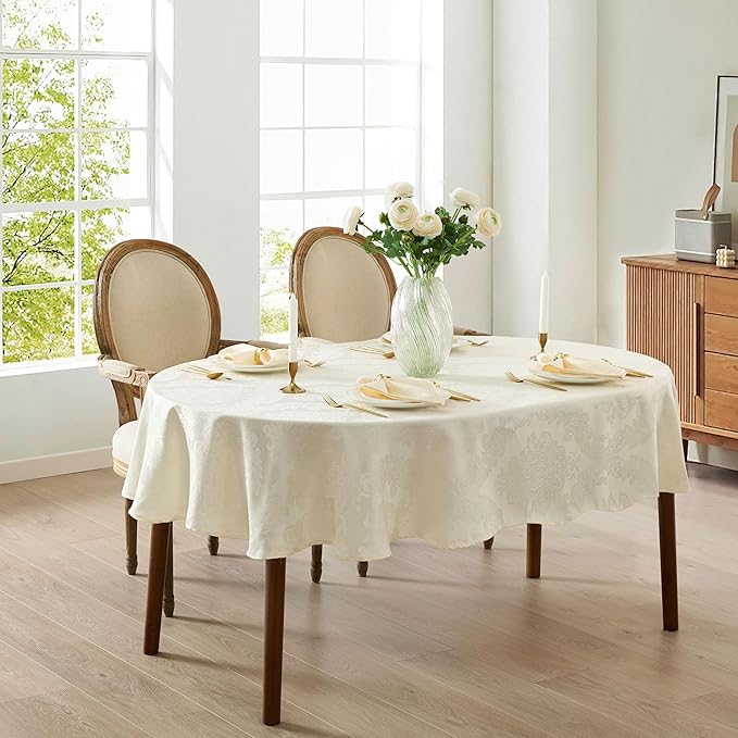Newbridge Barcelona Luxury Damask Fabric Tablecloth, 60” Wide x 102” Oval, Antique White, 100% Polyester, No Iron, Soil Resistant Dining Room, Party and Banquet Table Cover