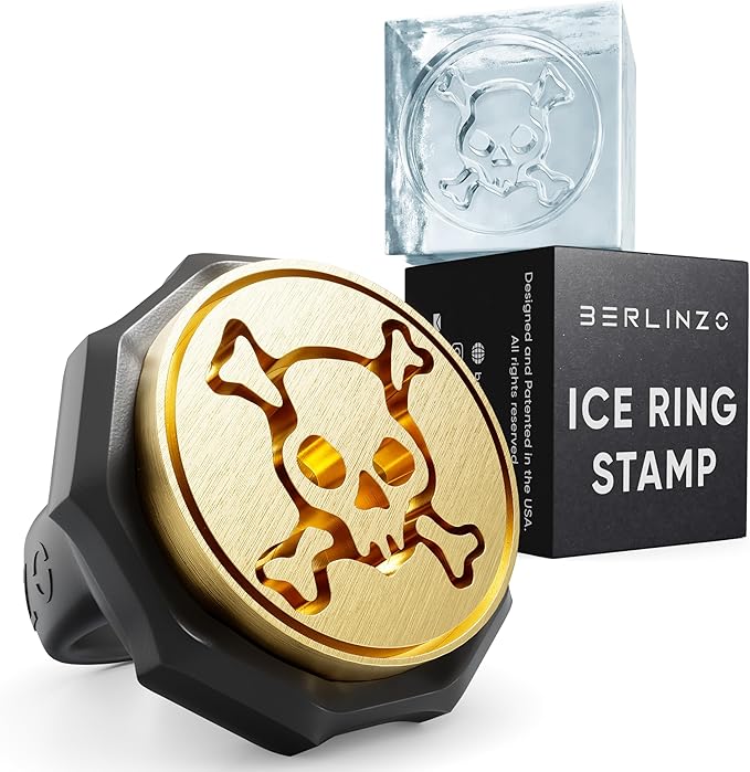 Berlinzo Ice Stamp Ring for Cube & Sphere - Custom Ice Cubes for Whiskey, Mojito Cocktails – Skull shaped Brass Ice Stamp Skull/ 3mm Depth - Black